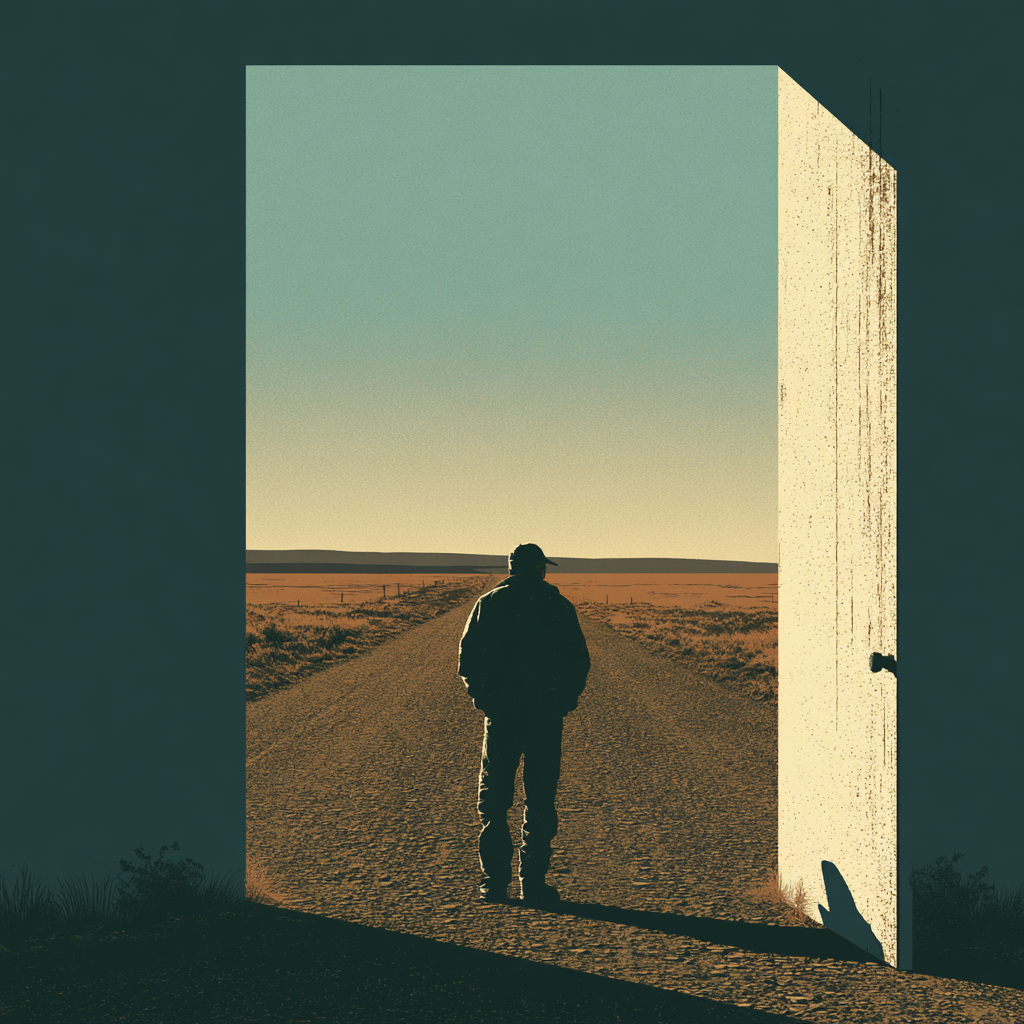 An open door looking out onto a long road stretching toward the horizon