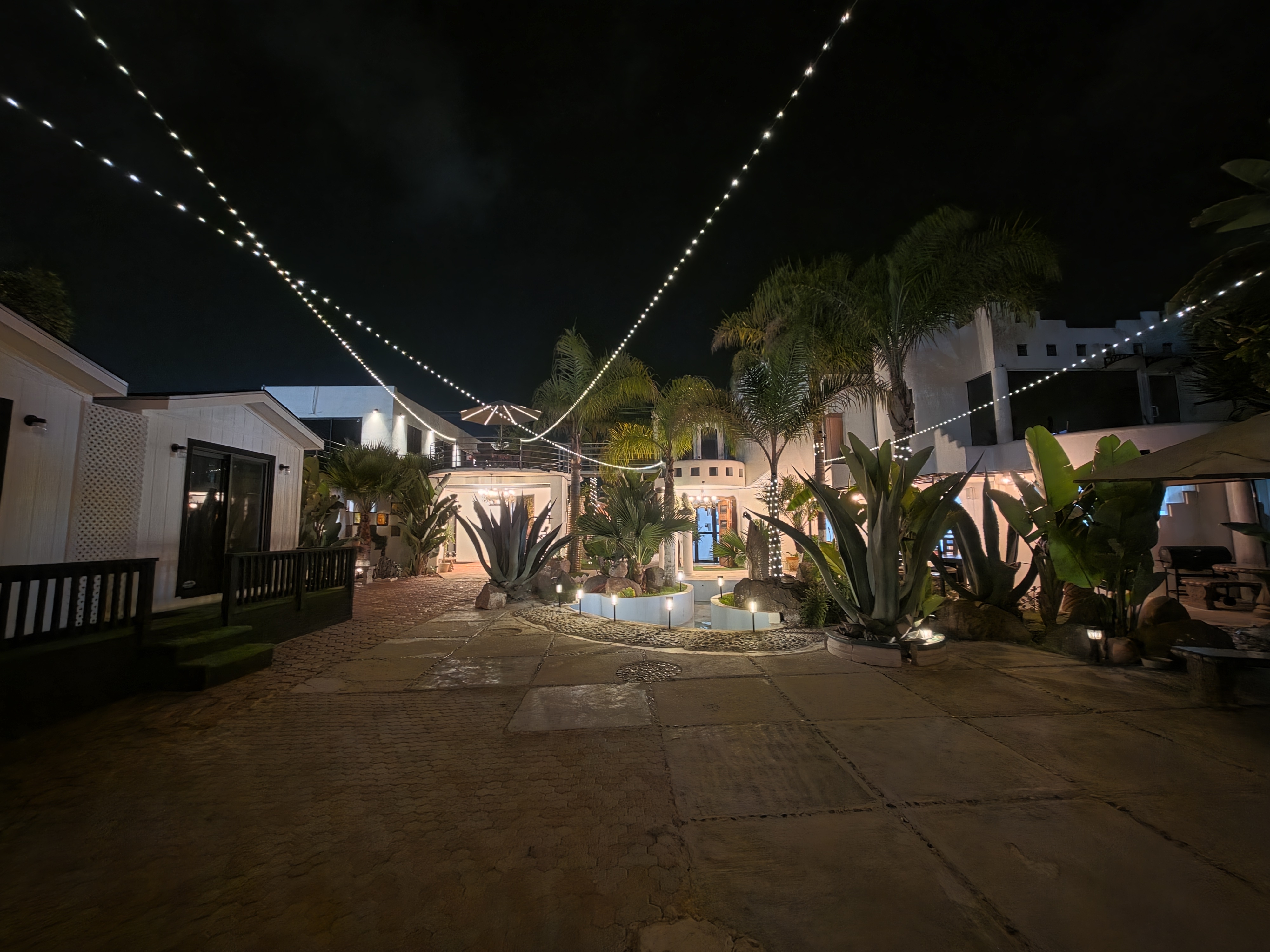 New Path Ibogaine facility courtyard at night, Rosarito, Baja California