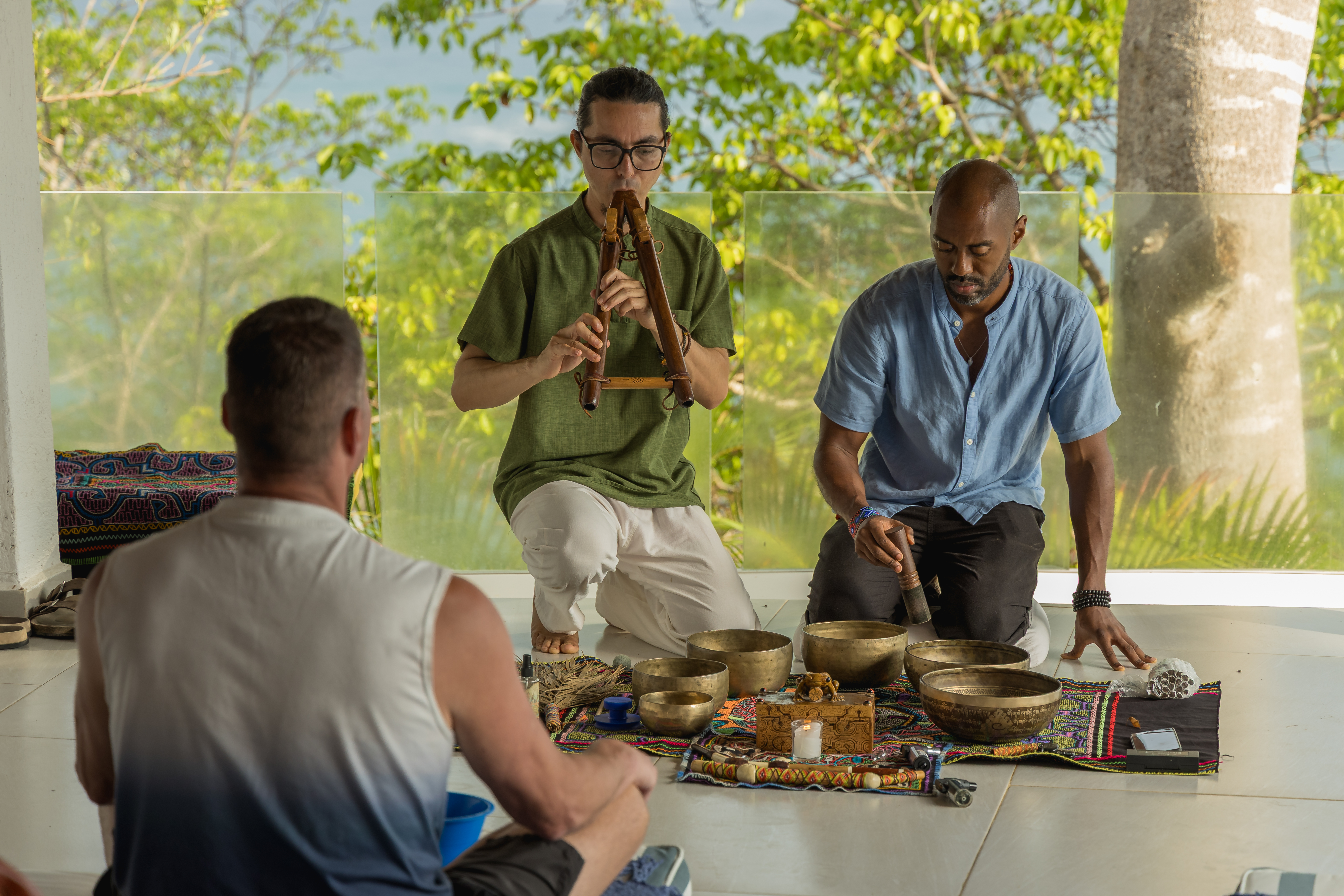 Sound healing ceremony at Sayulita Wellness Retreat — flute and singing bowls