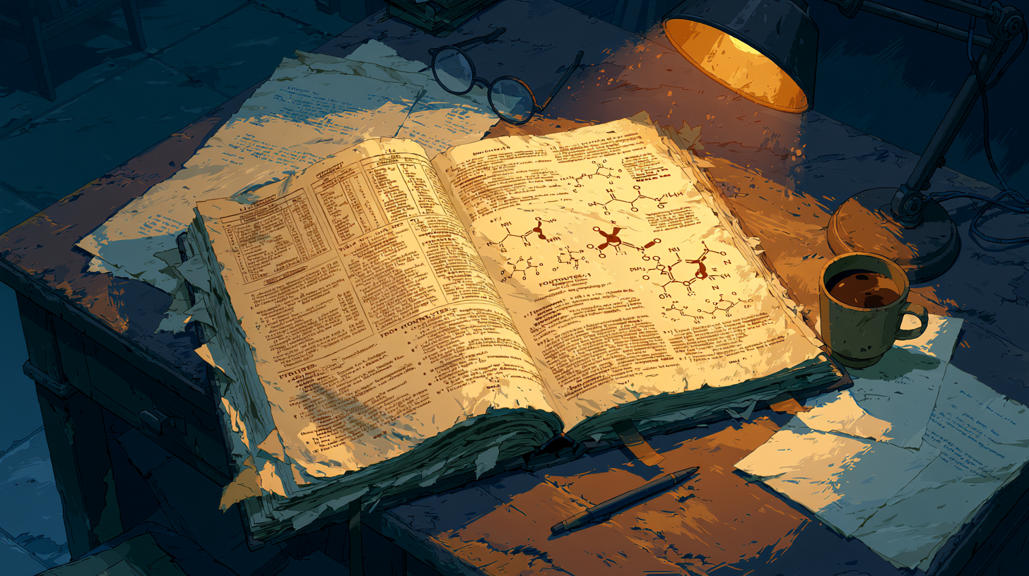 A researcher's desk at dusk, a thick open document illuminated by amber lamplight