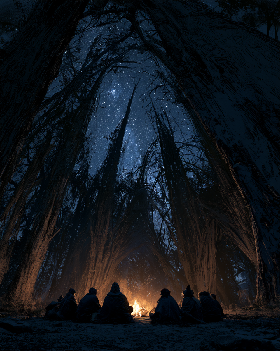 People gathered in ceremony beneath ancient trees whose canopy forms the shape of a cathedral against a star-filled Texas sky