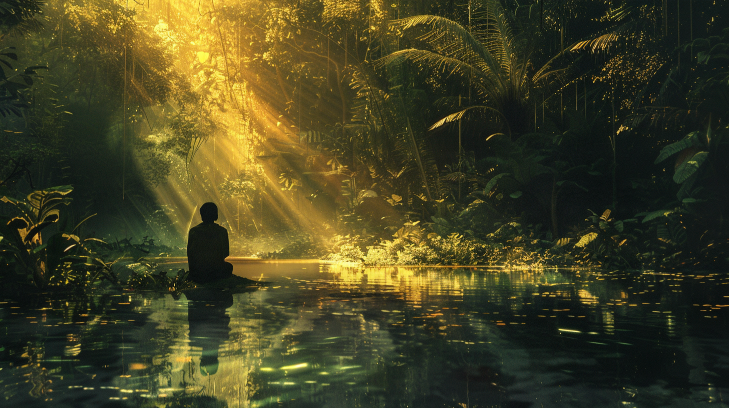 A figure sitting in quiet solitude beside a river in the Atlantic Forest of Paraty, Brazil