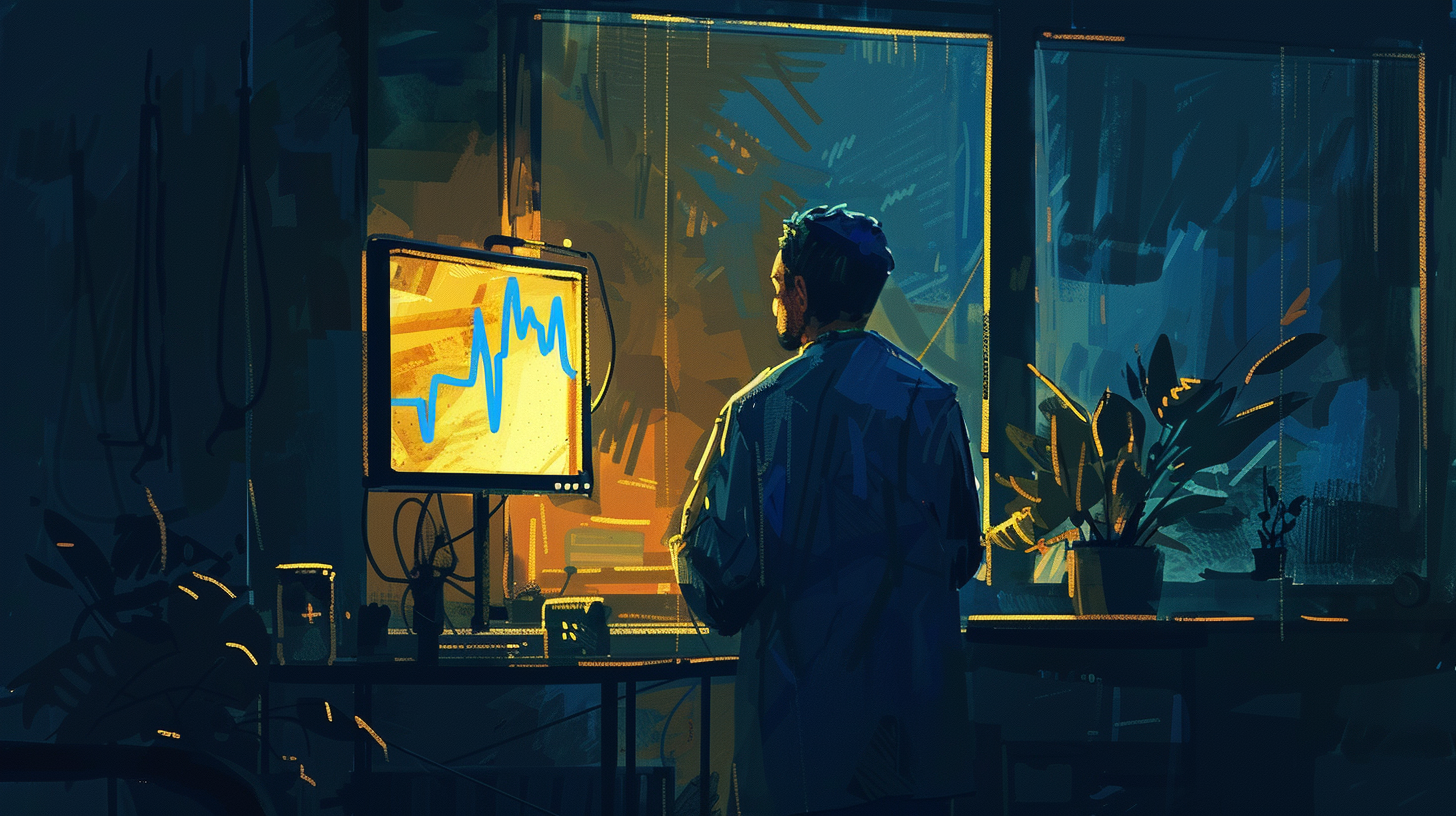 Illustration: a physician monitors a cardiac screen in a dimly lit ibogaine clinic