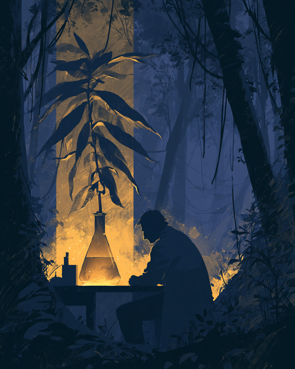 A lone figure works at a clandestine lab bench deep in the forest at night, an amber-glowing flask illuminating the iboga plant above