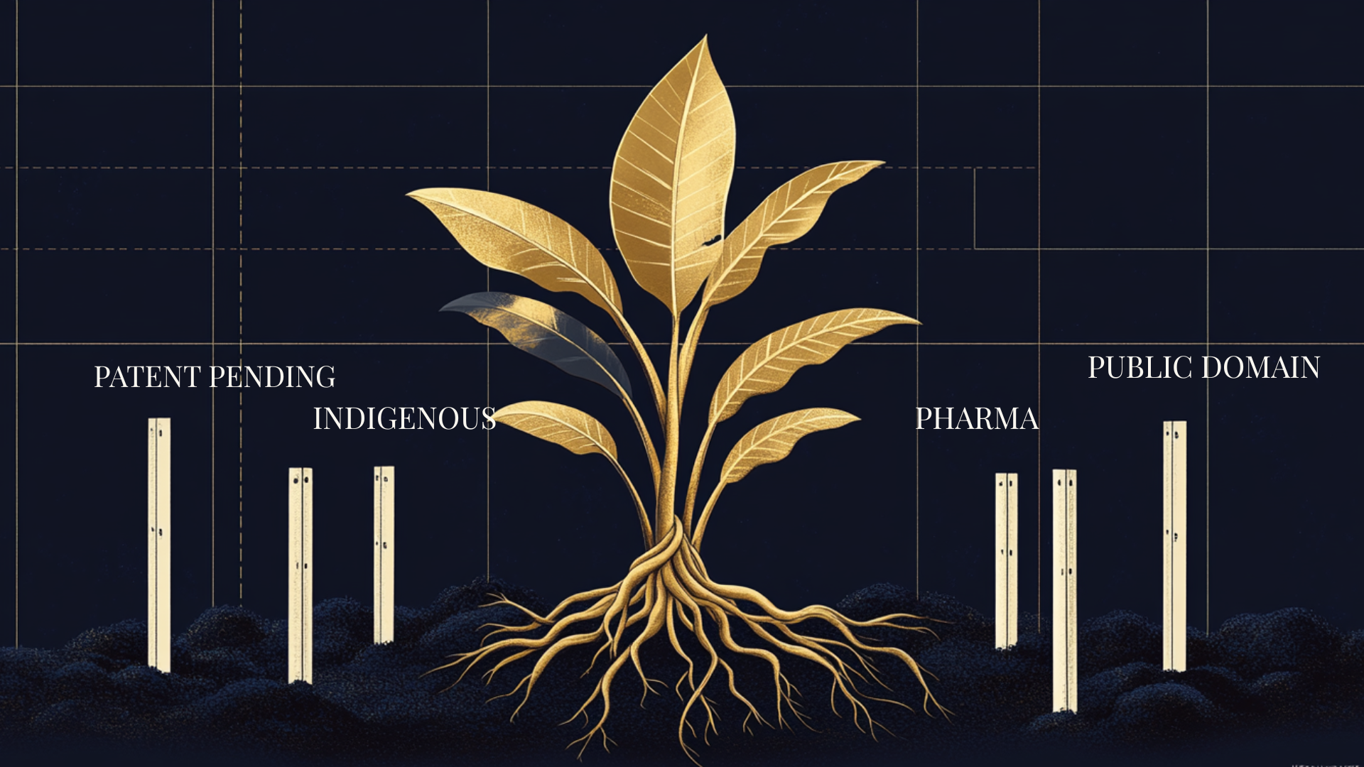 Editorial illustration: iboga plant with gold leaves surrounded by survey stakes labeled Patent Pending, Indigenous, Public Domain, and Pharma — representing competing ownership claims over ibogaine